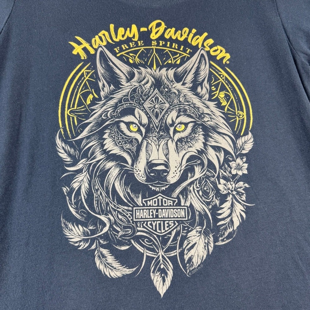 Harley Davidson Women's XL Lone Wolf Dealer Tee Spokane WA Motorcycle Navy